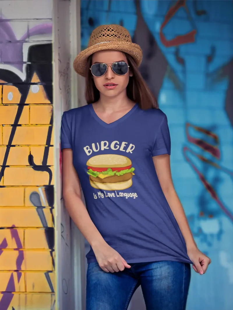 Mad4Street Burger Love V-Neck Tee. 100% Cotton. Trendy Foodie T-Shirt.