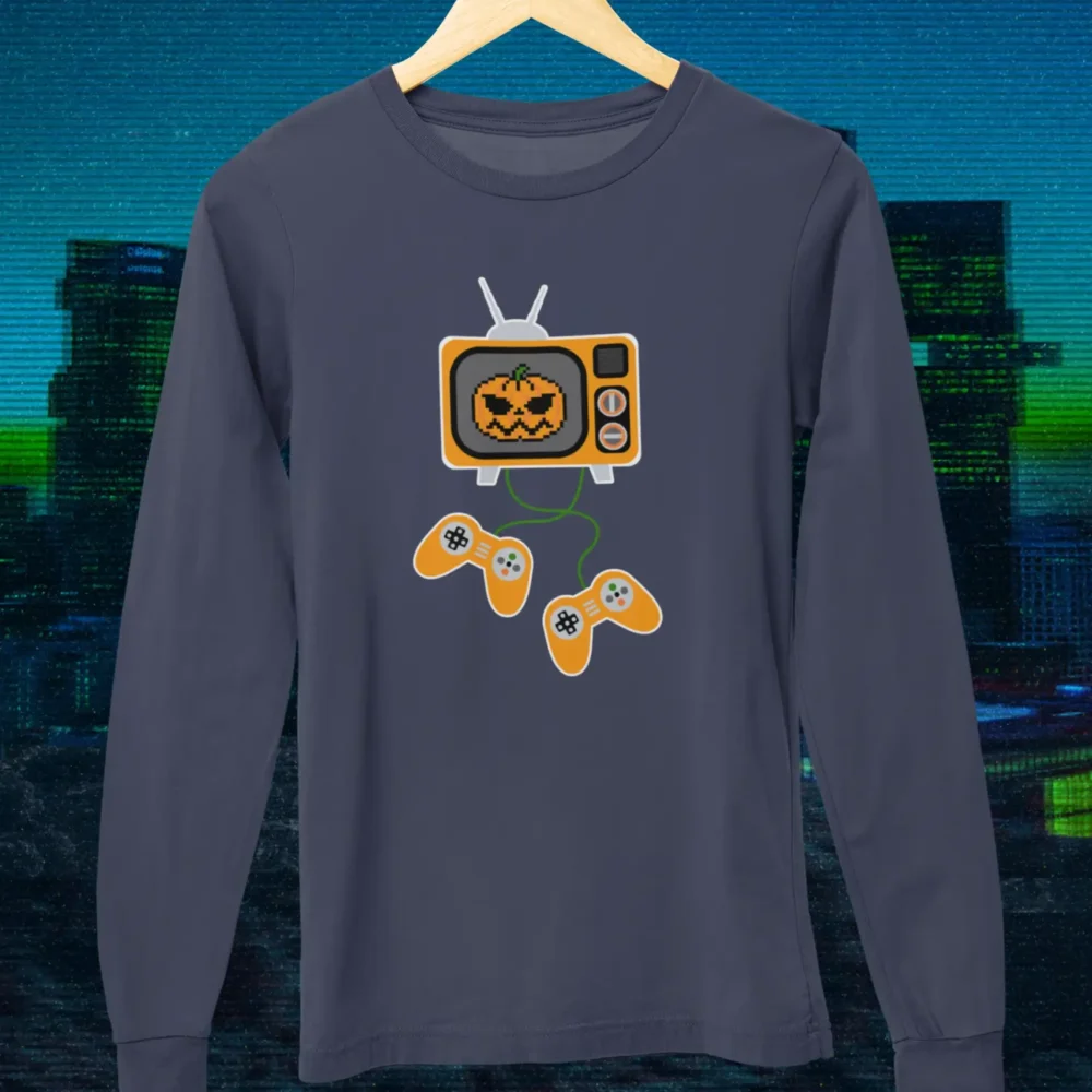Pumpkin Game Night Full Sleeves Tee – Pixelated pumpkin on TV graphic with game controllers