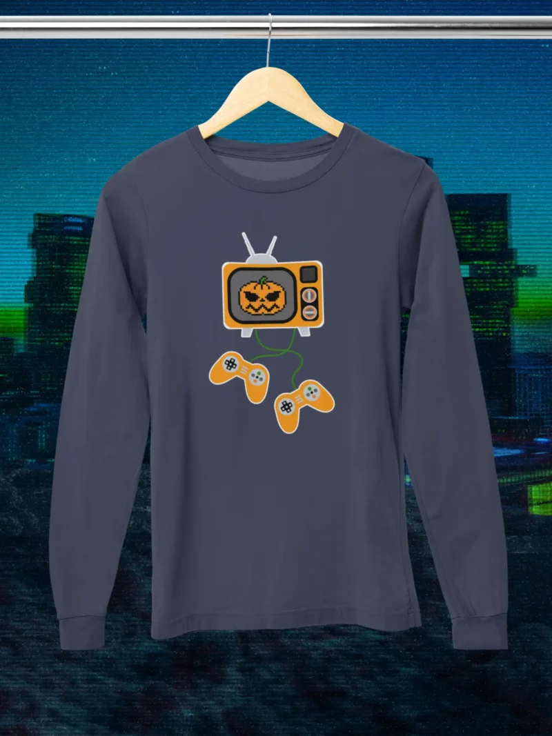Pumpkin Game Night Full Sleeves Tee – Pixelated pumpkin on TV graphic with game controllers
