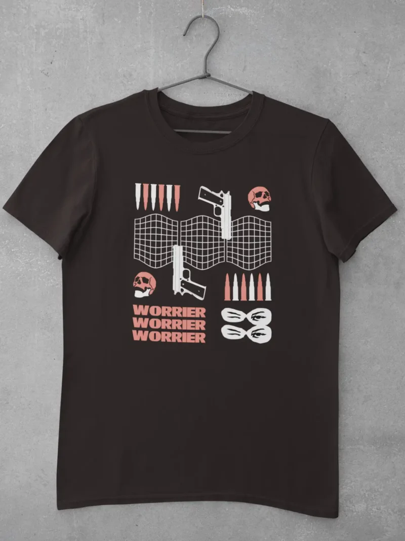 Worrier Anti-Design Unisex T-Shirt with skulls, bullets, and wireframe graphics for a bold, rebellious streetwear look