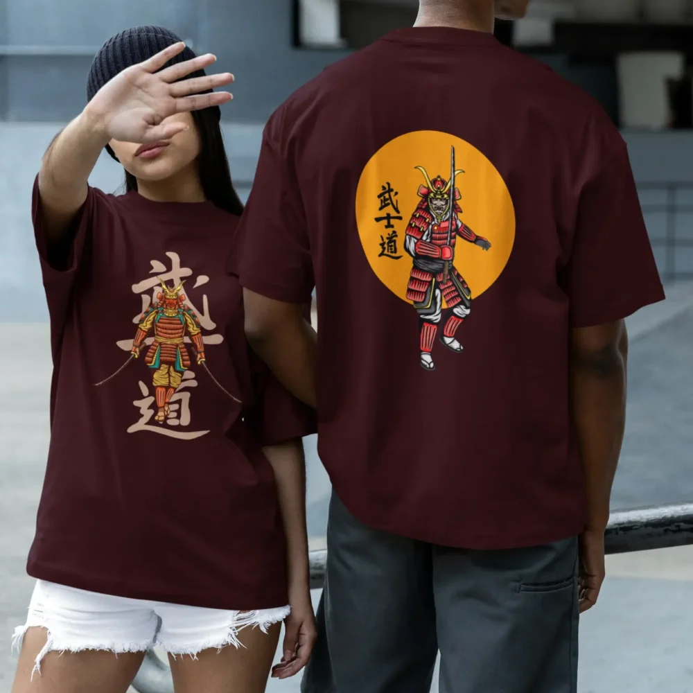 Samurai Spirit Terry Oversized Tee – Front view showcasing bold samurai graphics on premium French terry fabric
