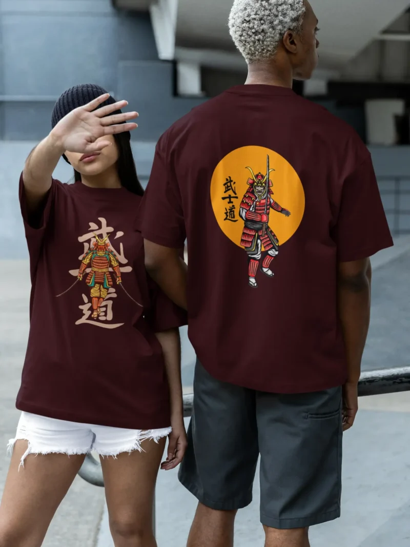 Samurai Spirit Terry Oversized Tee – Front view showcasing bold samurai graphics on premium French terry fabric