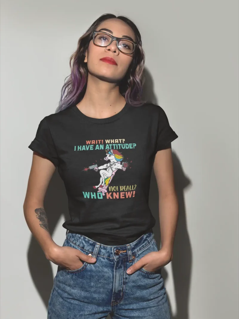 Sassy Unicorn Attitude Tee with a rainbow-maned unicorn graphic and bold text.
