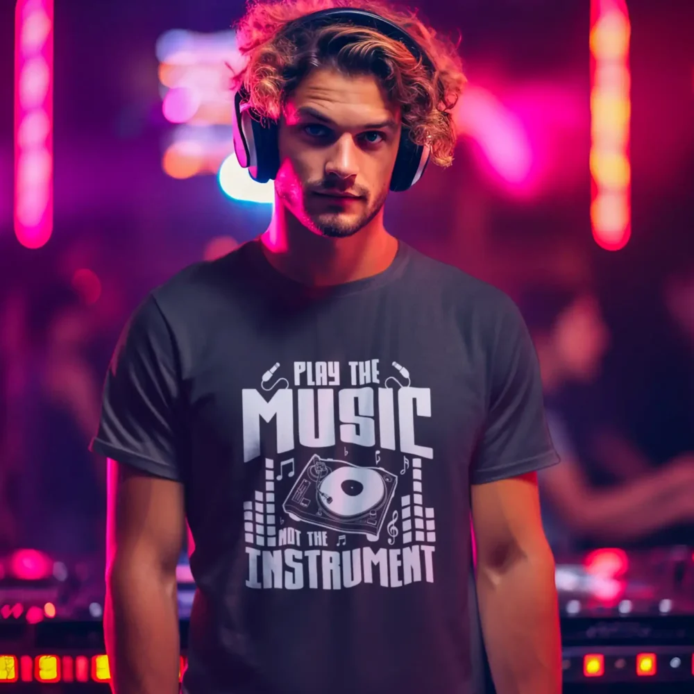 Play the Music Unisex T-Shirt with turntable graphic by Mad4Street.
