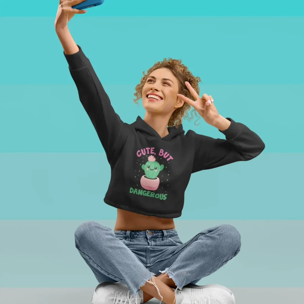 Mad4street Dangerously Cute Crop Hoodie with kawaii cactus graphic and derby ribbed hem