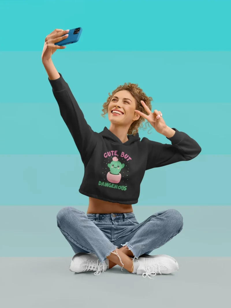 Mad4street Dangerously Cute Crop Hoodie with kawaii cactus graphic and derby ribbed hem