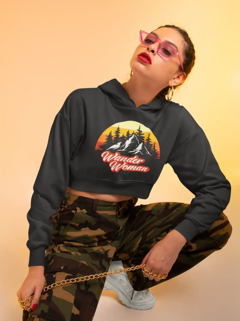 Wander Woman crop hoodie featuring retro sunset over mountains