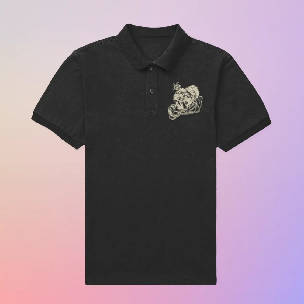 Witch Vibes Polo Tee with witch and skull graphic by Mad4Street