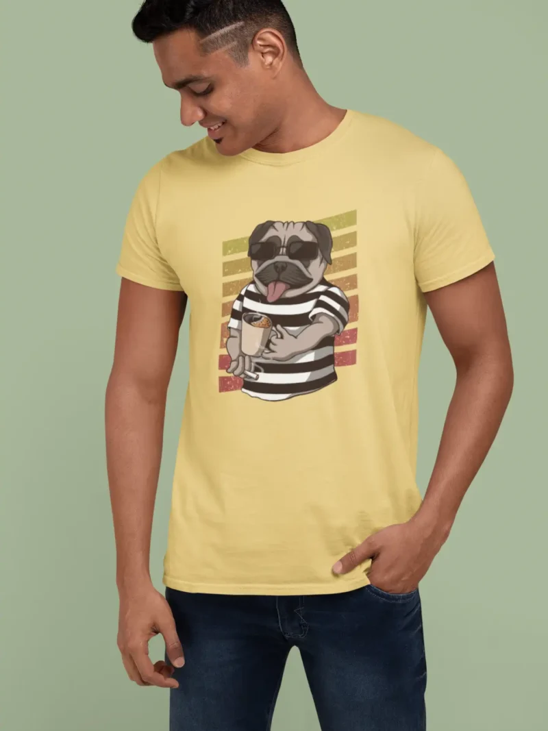 Coffee And Chill Pug Tee by Mad4street featuring a funny pug with coffee and cigarette retro design.