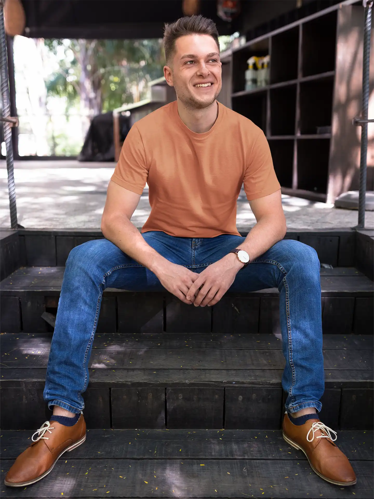 Man posing in M4S Solids coral Unisex Tee (7) Man posing in M4S Solids coral Unisex Tee