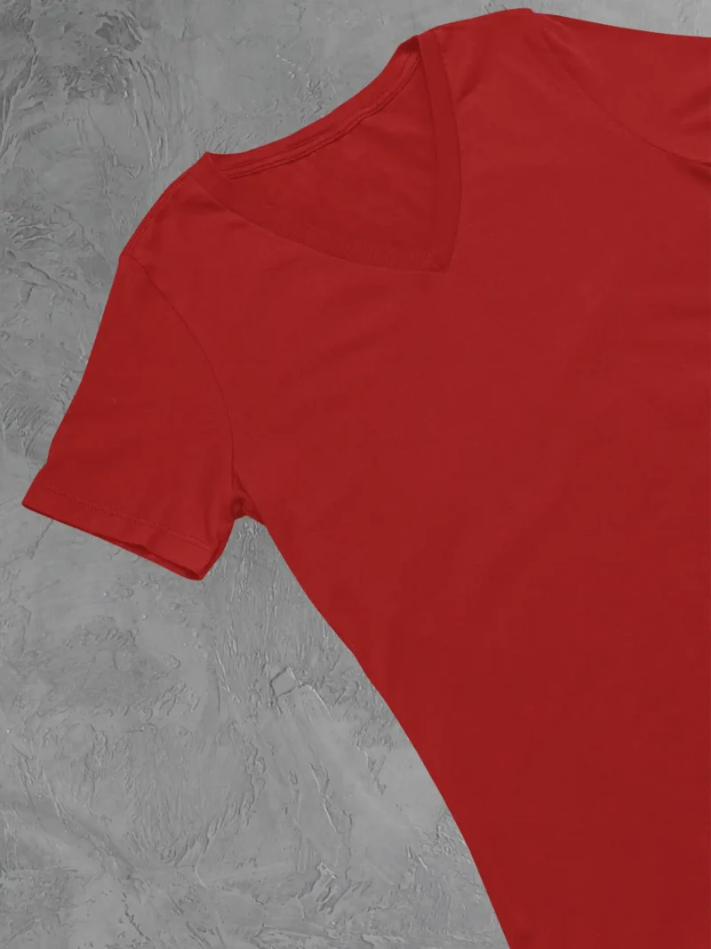 Close up of m4s solids v neck red unisex tee in a studio