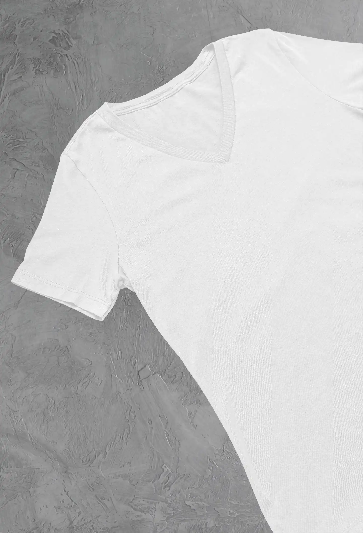 Close up of m4s solids v neck white unisex tee in a studio (4) Close up of m4s solids v neck white unisex tee in a studio
