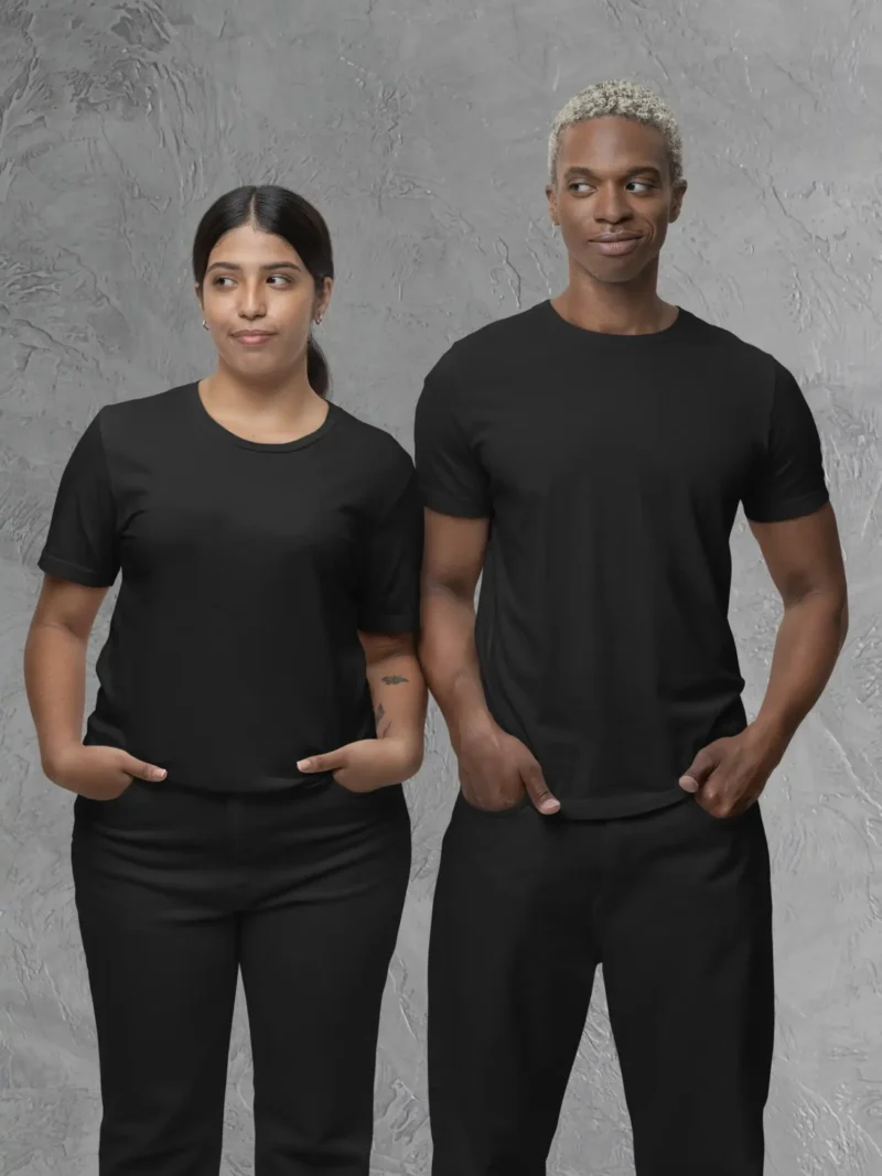 Couple posing in M4S Solids Black Unisex Tee
