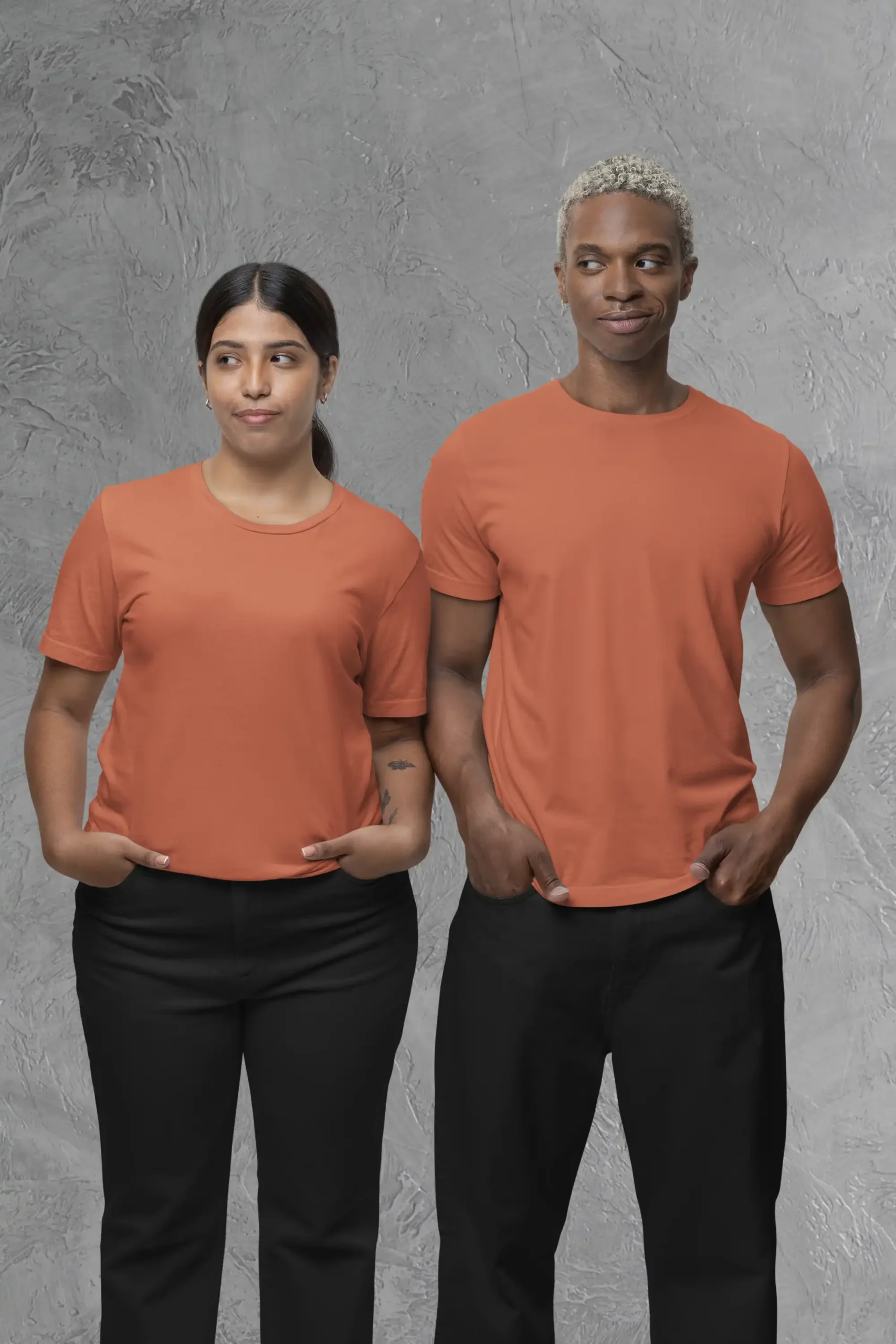 Couple posing in M4S Solids Coral Unisex Tee (7) Couple posing in M4S Solids Coral Unisex Tee