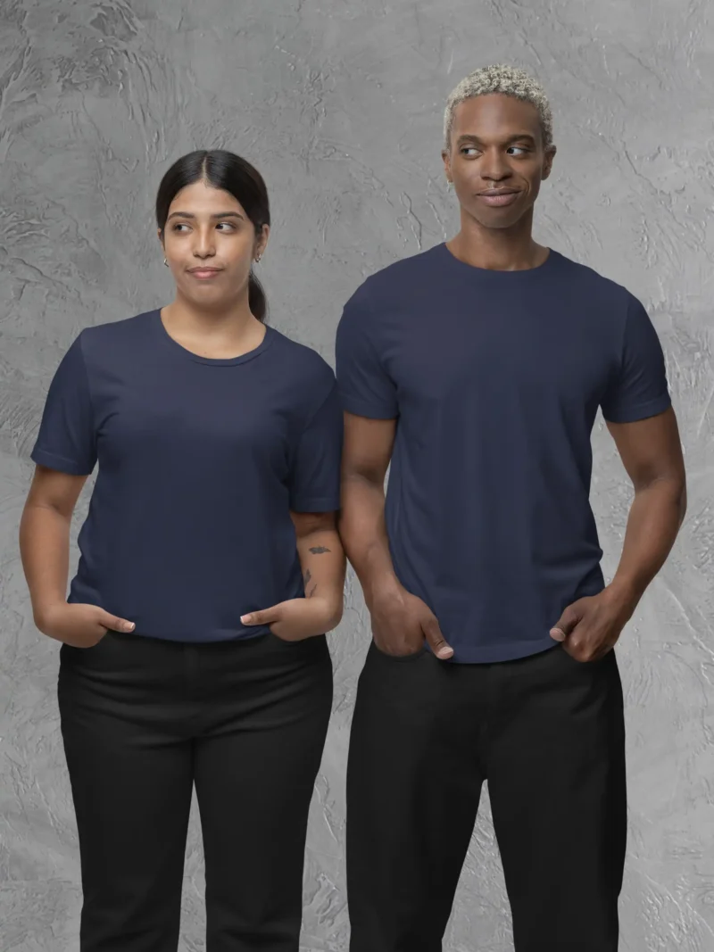Couple posing in M4S Solids Navy Blue Unisex Tee