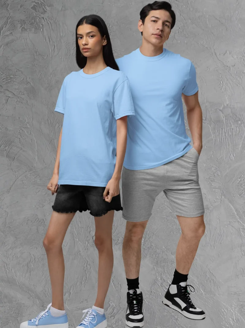 Couple posing in M4S Solids Stretch Baby Blue Unisex Tee