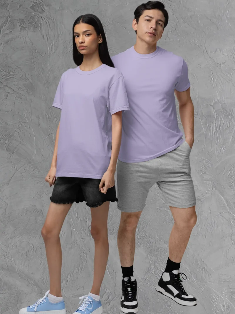 Couple posing in M4S Solids Stretch Lavender Unisex Tee