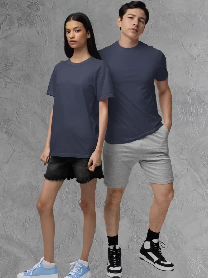 Couple posing in M4S Solids Stretch Navy Blue Unisex Tee