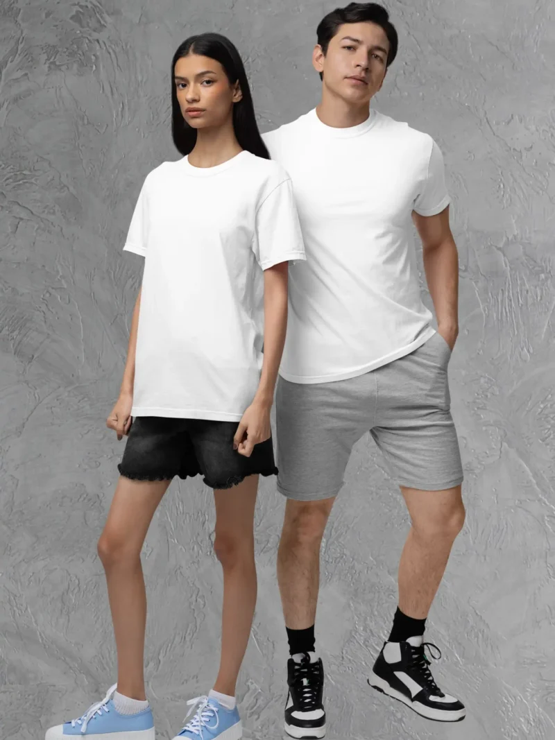 Couple posing in M4S Solids Stretch White Unisex Tee