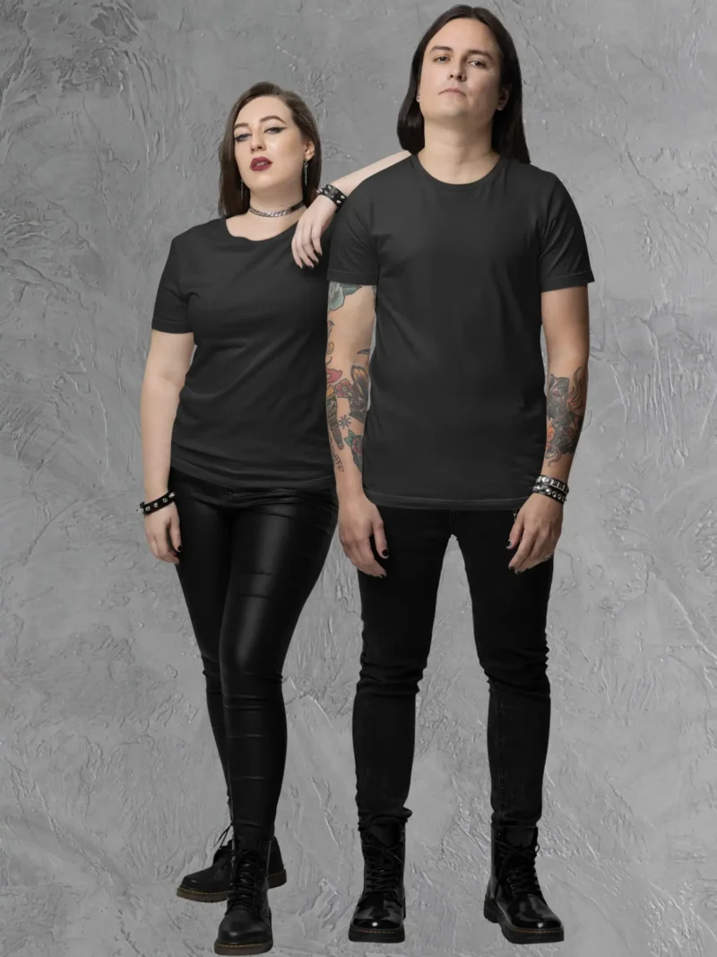 Couple posing in M4S Solids Supima Black Unisex Tee