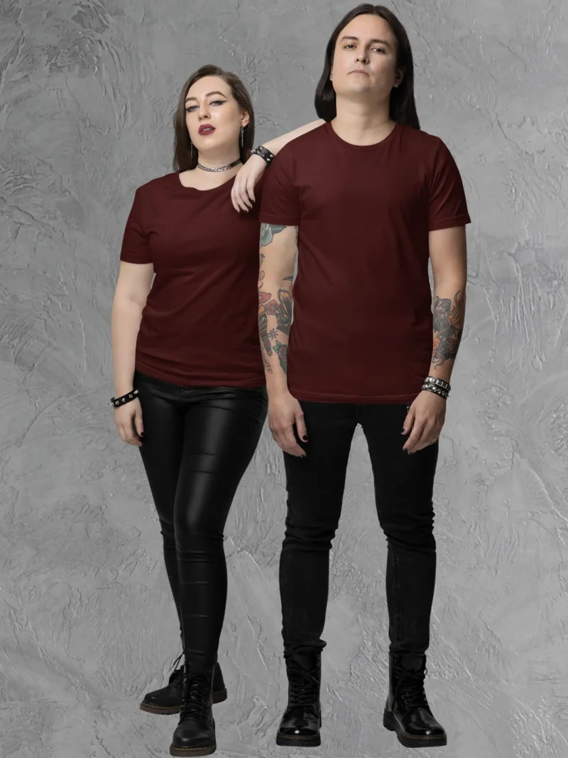Couple posing in M4S Solids Supima Maroon Unisex Tee