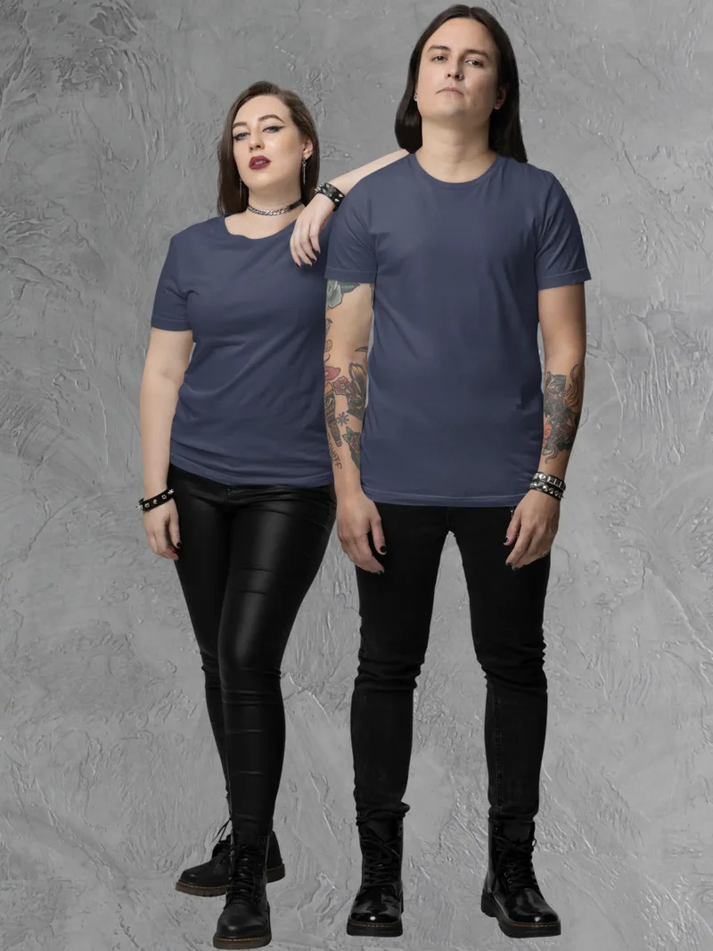 Couple posing in M4S Solids Supima Navy Blue Unisex Tee