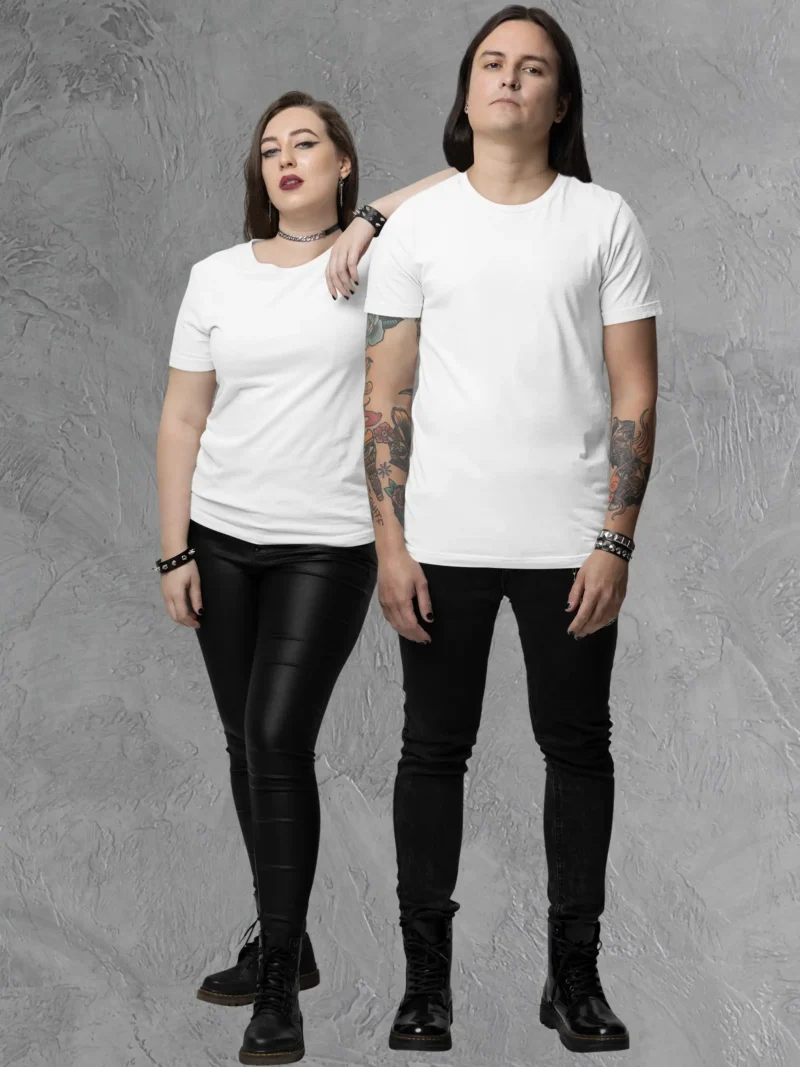 Couple posing in M4S Solids Supima White Unisex Tee