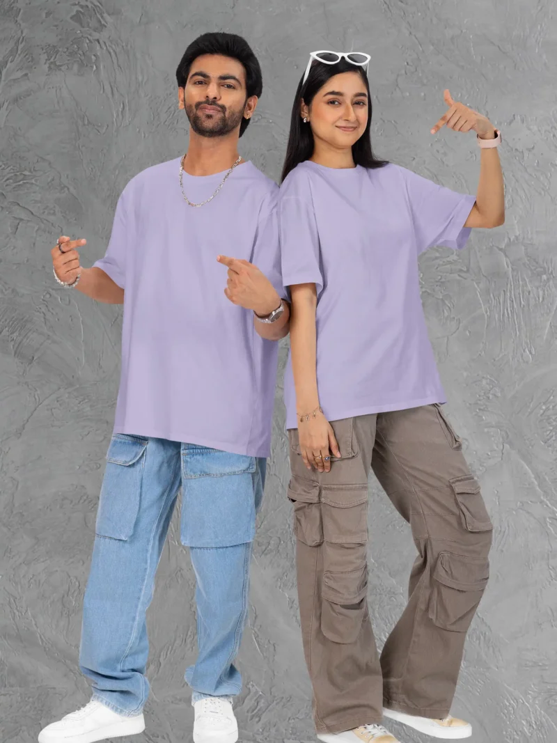 Couple posing in M4S Solids Terry Oversized Lavender Unisex Tee