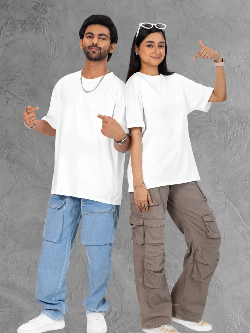 Couple posing in M4S Solids Terry Oversized White Unisex Tee