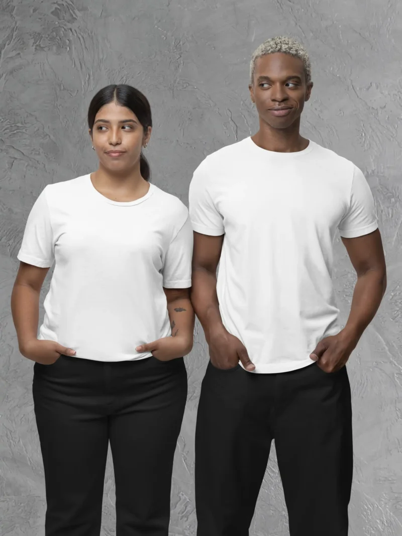 Couple posing in M4S Solids White Unisex Tee