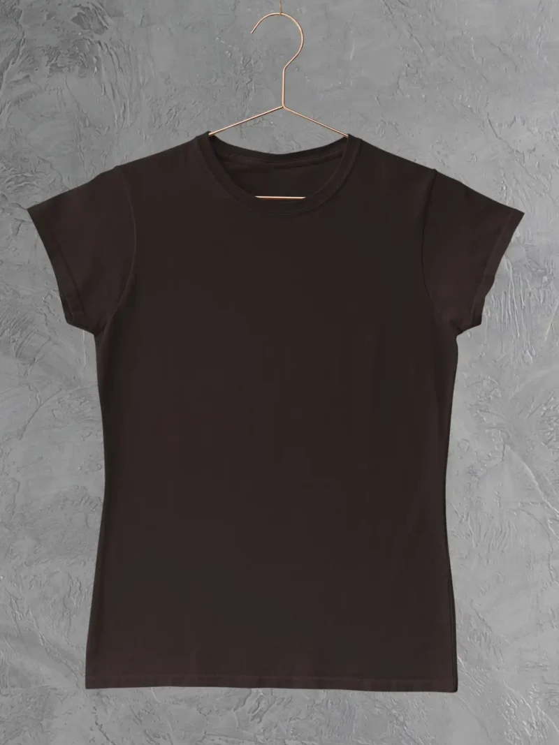 Front View of M4S Solids Female Classic Coffee Brown Tee hanging in a studio