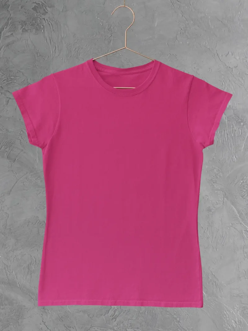 Front View of M4S Solids Female Classic Pink Tee hanging in a studio