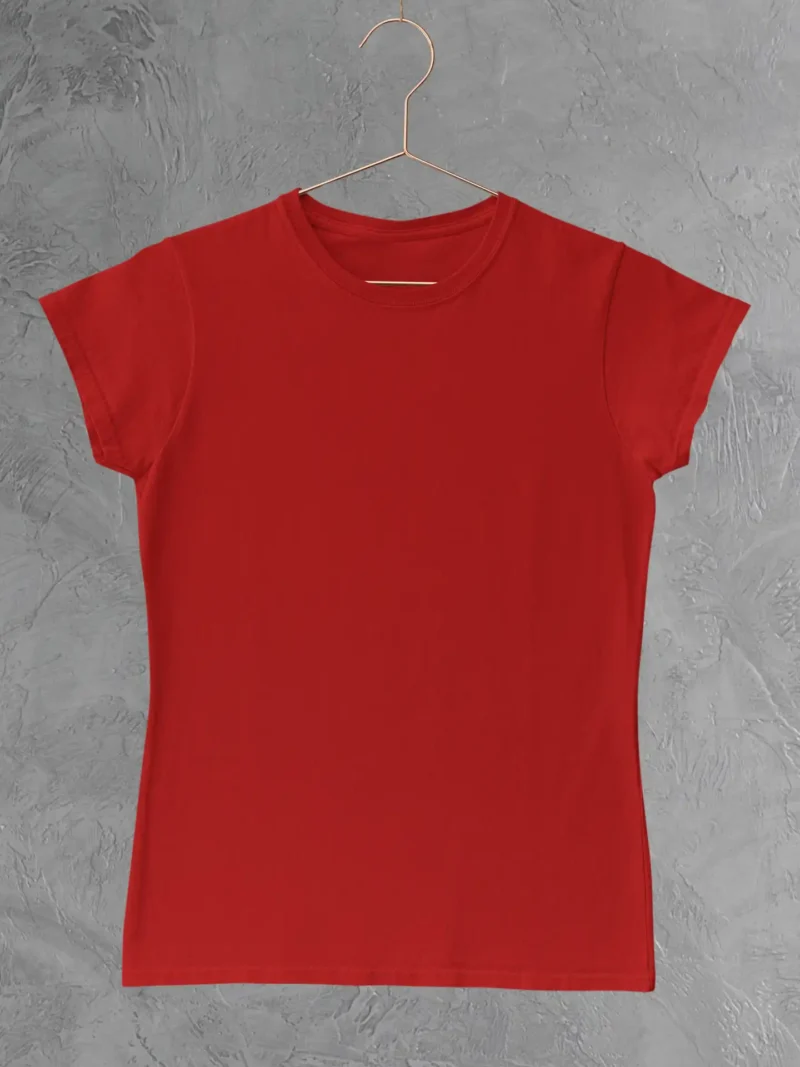 Front View of M4S Solids Female Classic Red Tee hanging in a studio