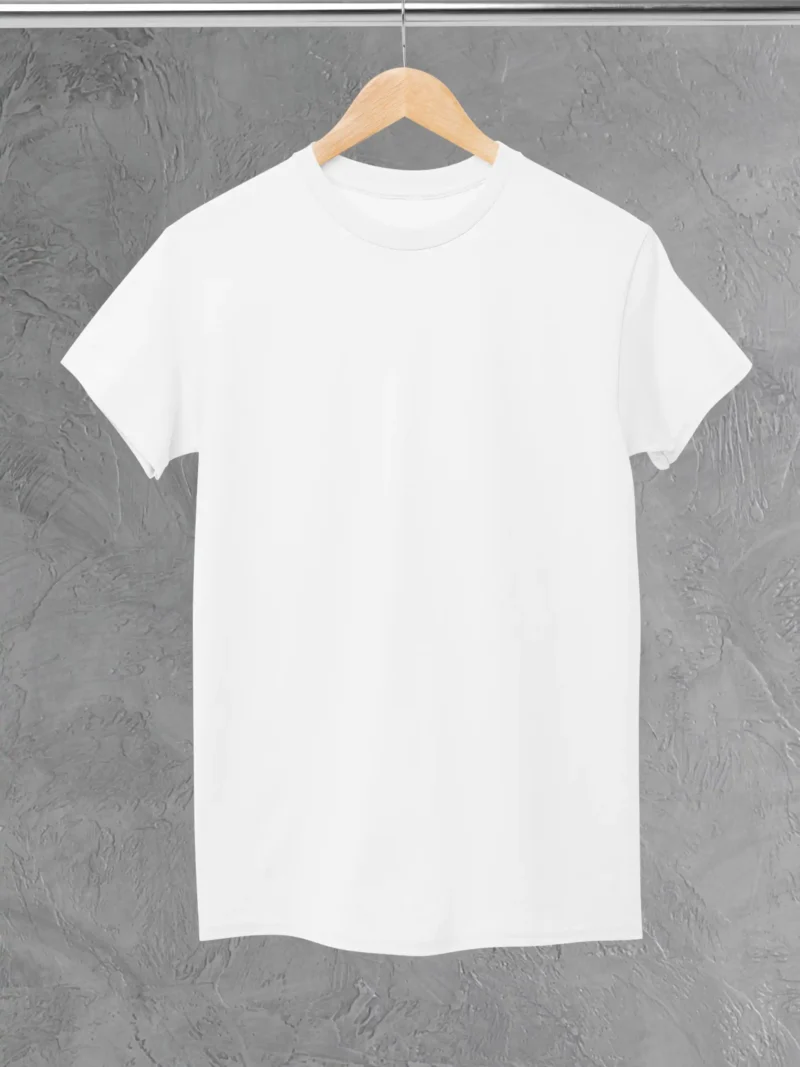 M4S Solids Stretch White Unisex Tee Placed on a hanger