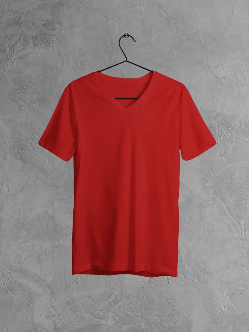 M4S Solids V Neck Red Unisex Tee on a hanger