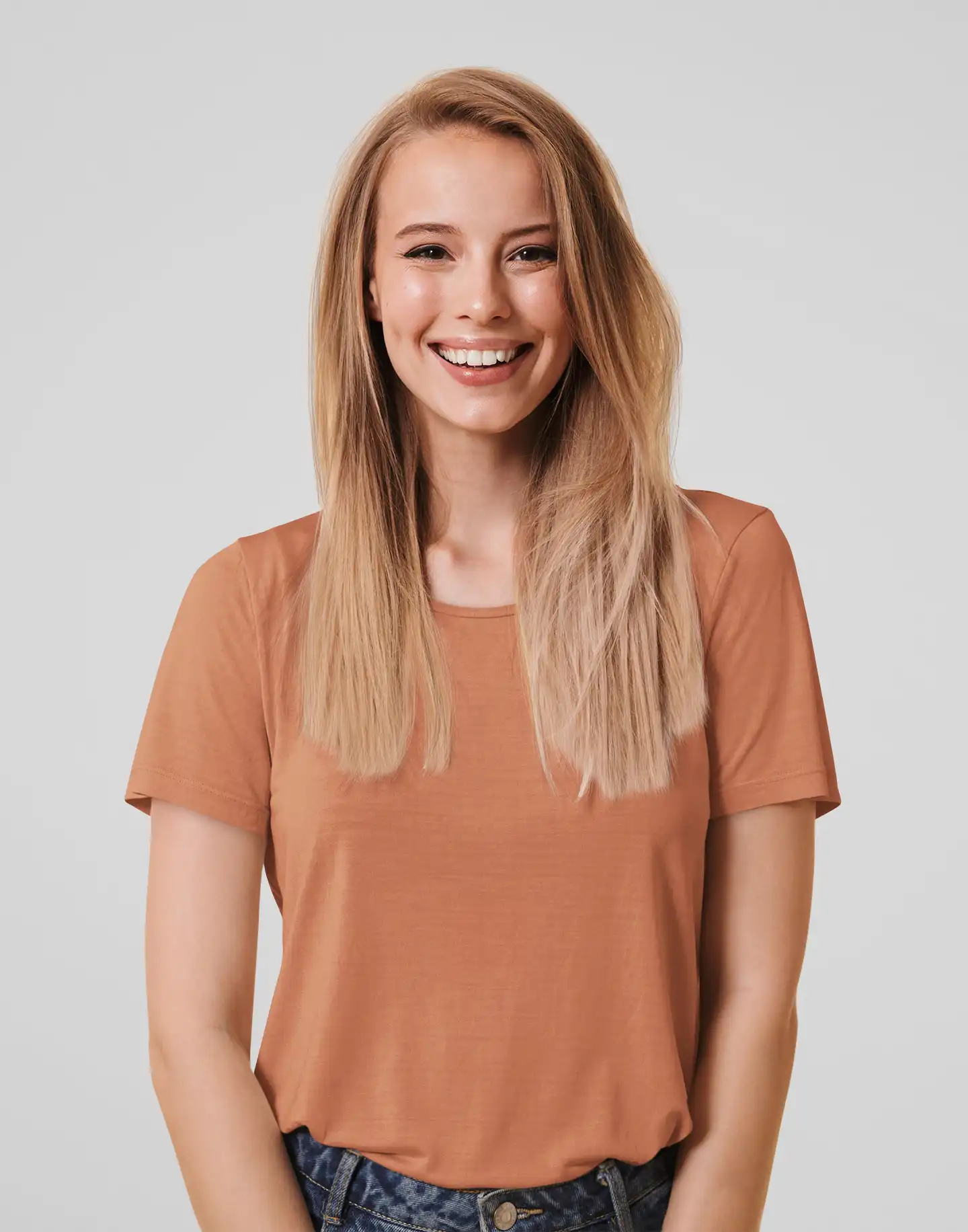 Woman wearing M4S Solids coral Unisex Tee in a studio (6) Woman wearing M4S Solids coral Unisex Tee in a studio