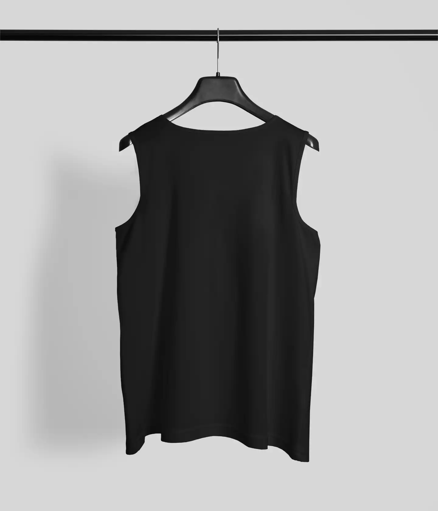 Back View of M4S Solids Male Black Sleeveless T-Shirt placed on a hanger Back View of M4S Solids Male Black Sleeveless T-Shirt placed on a hanger