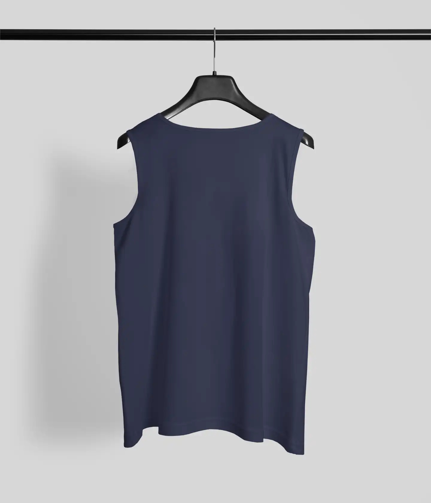Back View of M4S Solids Male Navy Blue Sleeveless T-Shirt placed on a hanger Back View of M4S Solids Male Navy Blue Sleeveless T-Shirt placed on a hanger
