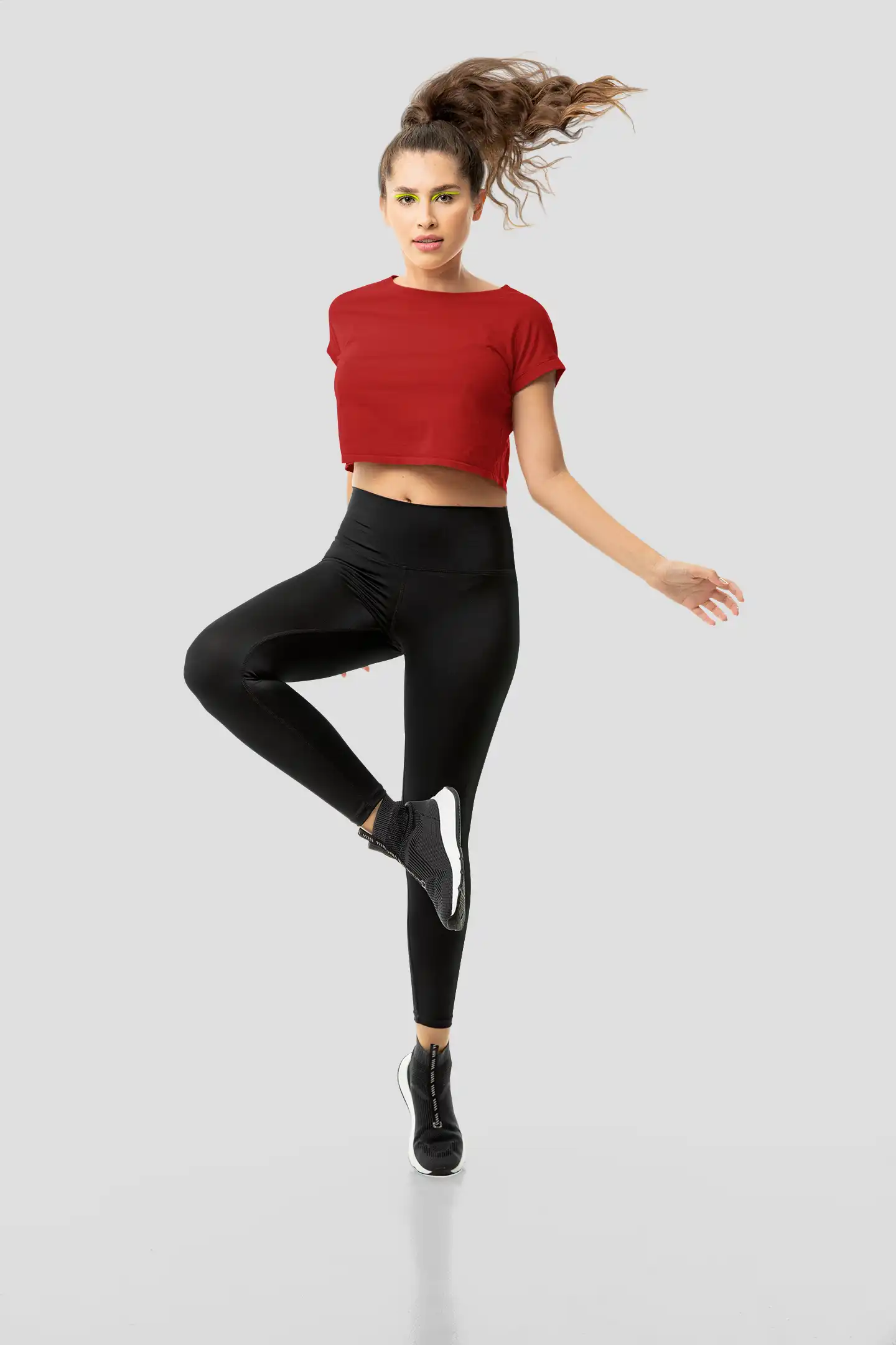 Female model wearing M4S Solids Red Crop Top in a studio 1 Female model wearing M4S Solids Red Crop Top in a studio 1