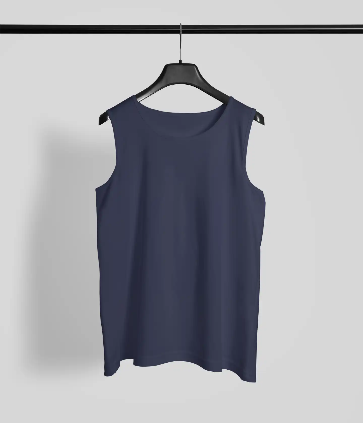 Front View of M4S Solids Male Navy Blue Sleeveless T-Shirt placed on a hanger Front View of M4S Solids Male Navy Blue Sleeveless T-Shirt placed on a hanger