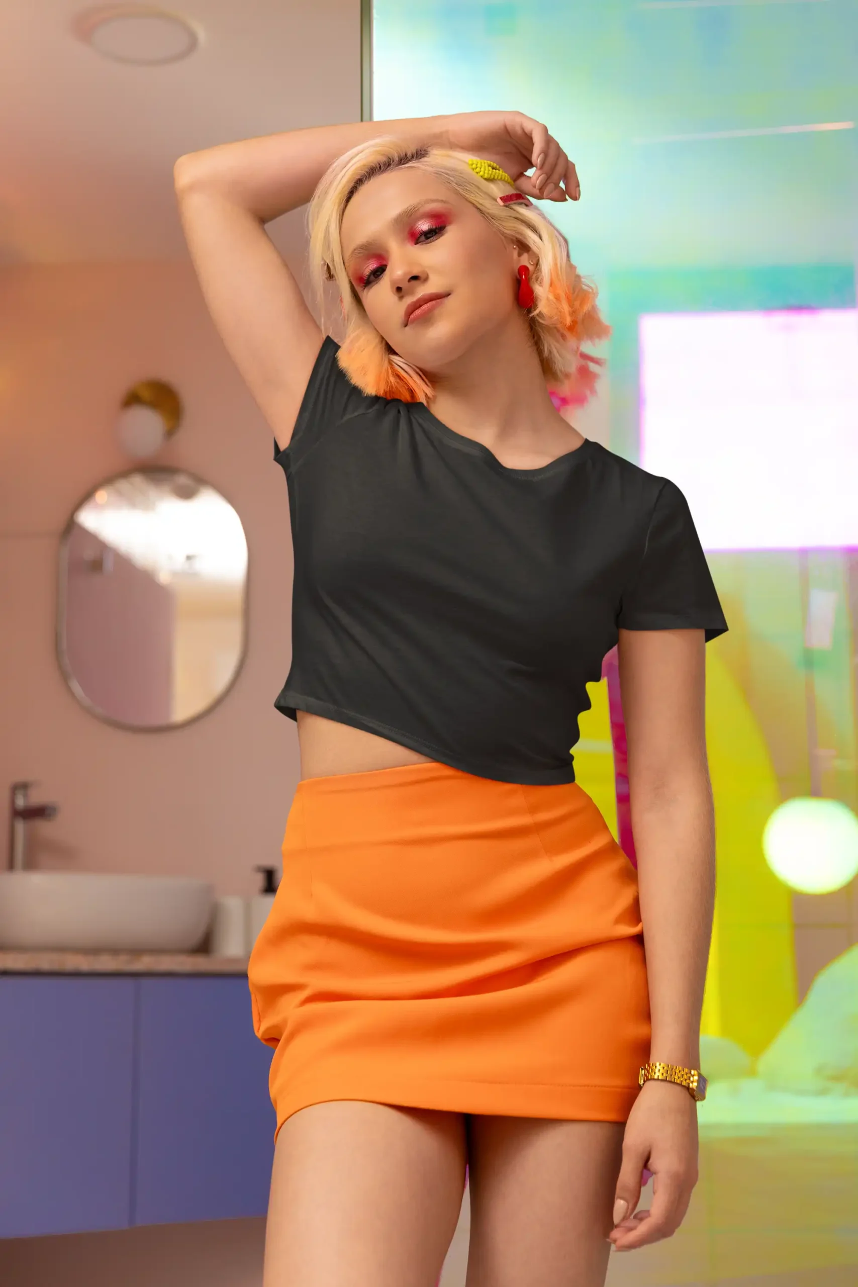 Front view of Woman posing in M4S Solids Black Crop Top 2 Front view of Woman posing in M4S Solids Black Crop Top 2