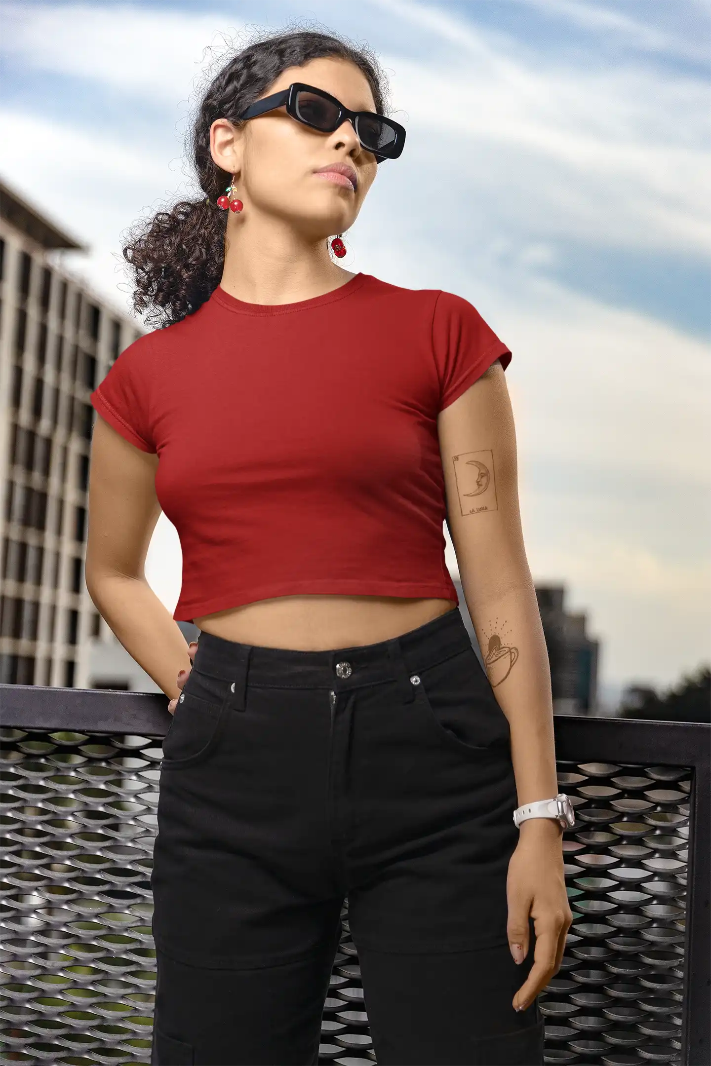 Front view of Woman posing in M4S Solids Red Crop Top 1 Front view of Woman posing in M4S Solids Red Crop Top 1