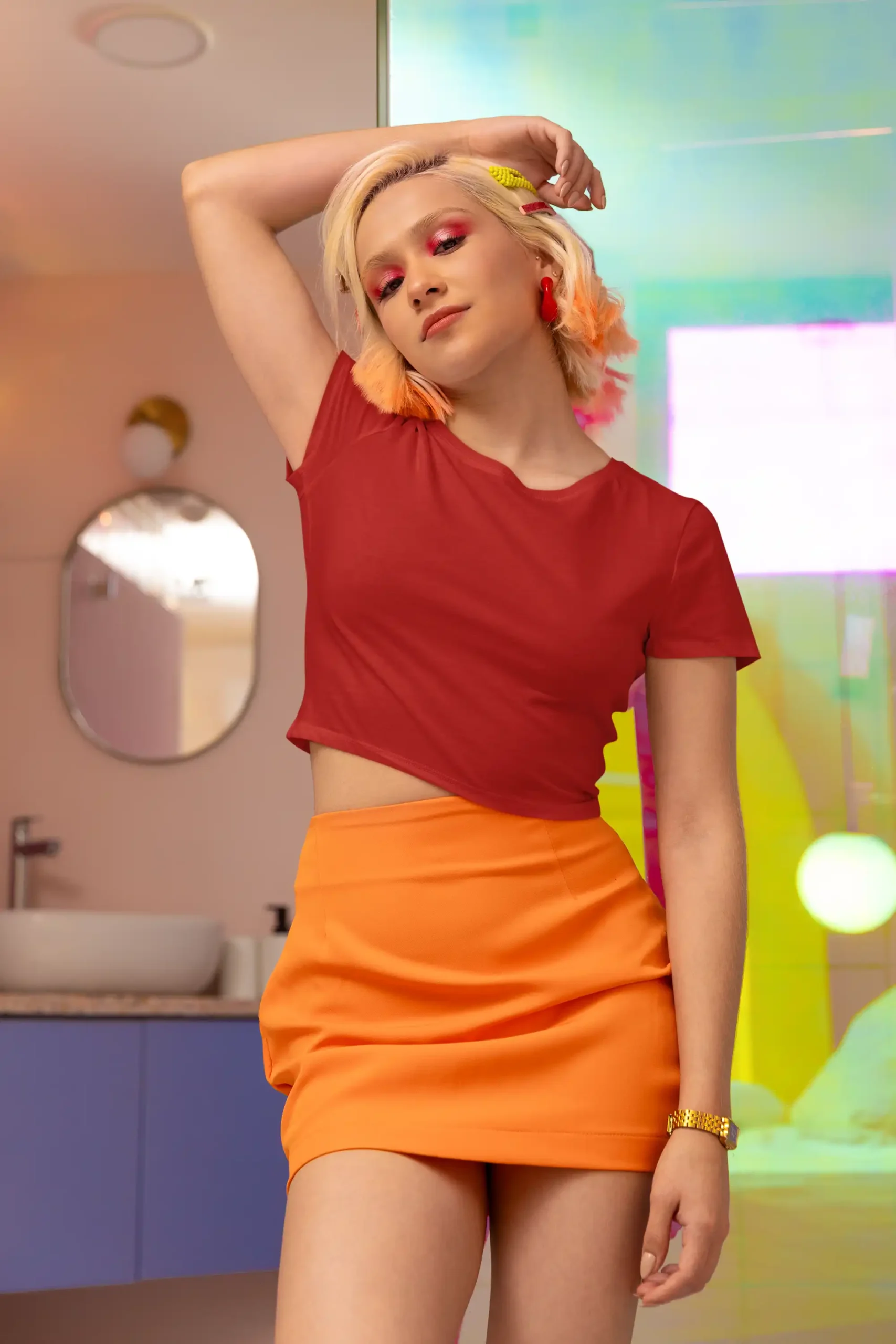 Front view of Woman posing in M4S Solids Red Crop Top 2 Front view of Woman posing in M4S Solids Red Crop Top 2