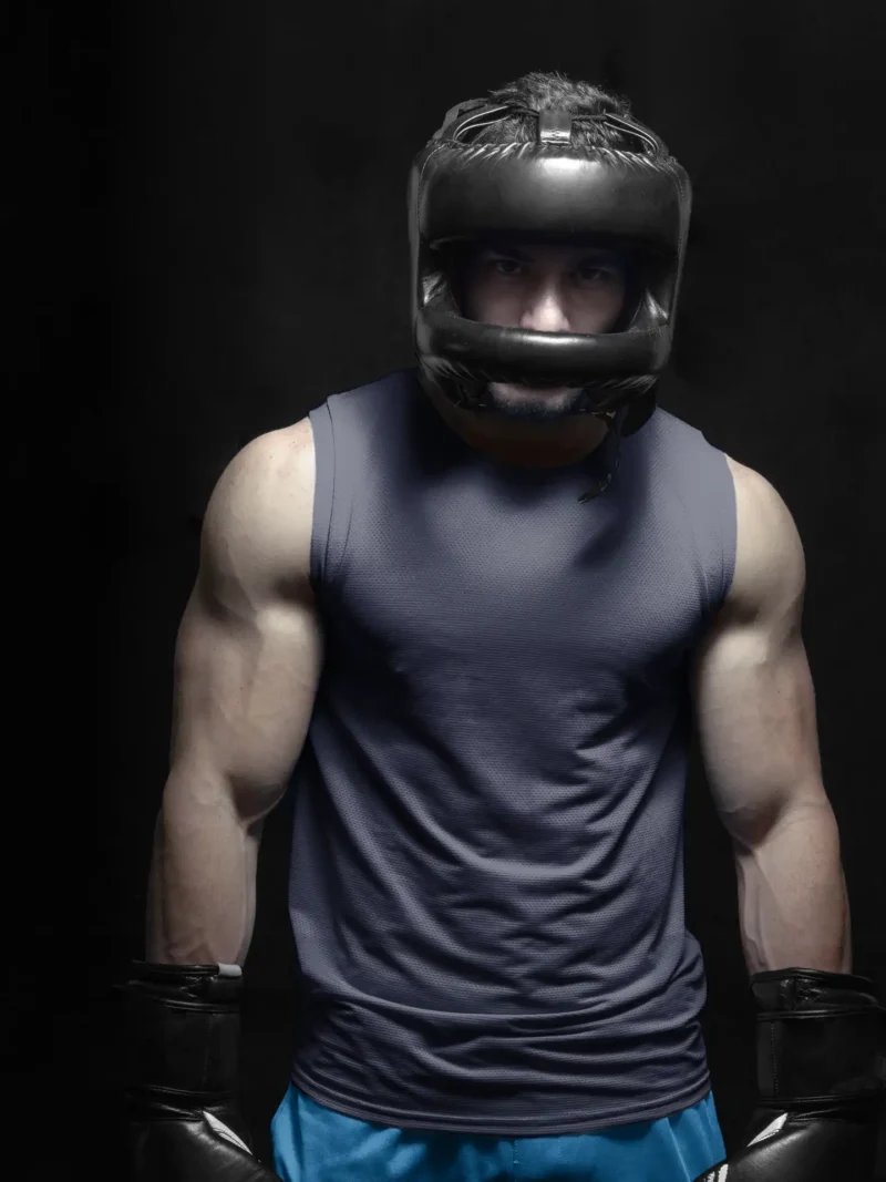 Male boxer wearing M4S Solids Navy Blue White Sleeveless T-Shirt