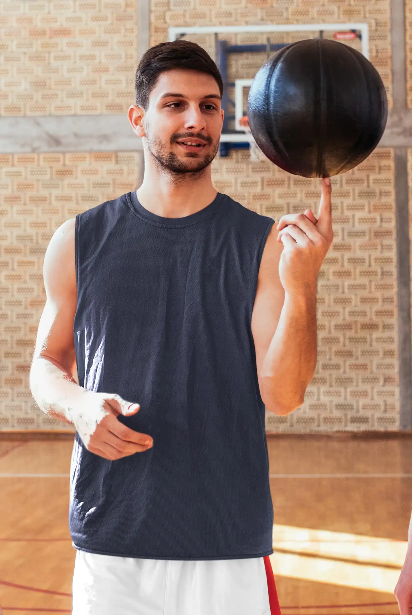 Man wearing M4S Solids Male Navy Blue Sleeveless T-Shirt spinning ball Man wearing M4S Solids Male Navy Blue Sleeveless T-Shirt spinning ball