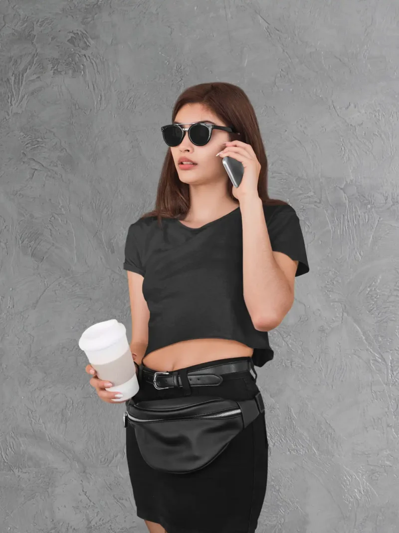 woman wearing M4S Solids Black Crop Top While Talking