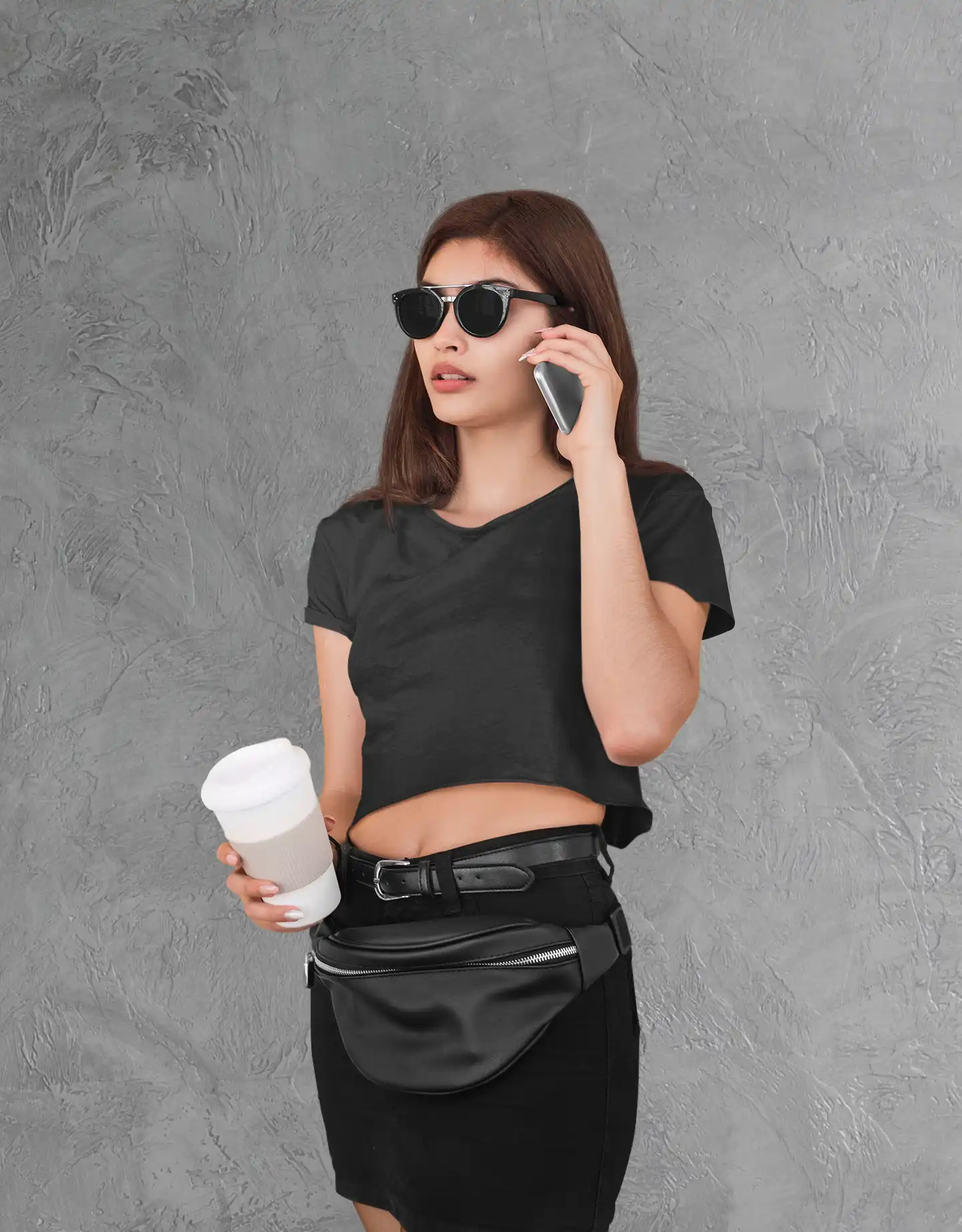 woman wearing M4S Solids Black Crop Top While Talking woman wearing M4S Solids Black Crop Top While Talking