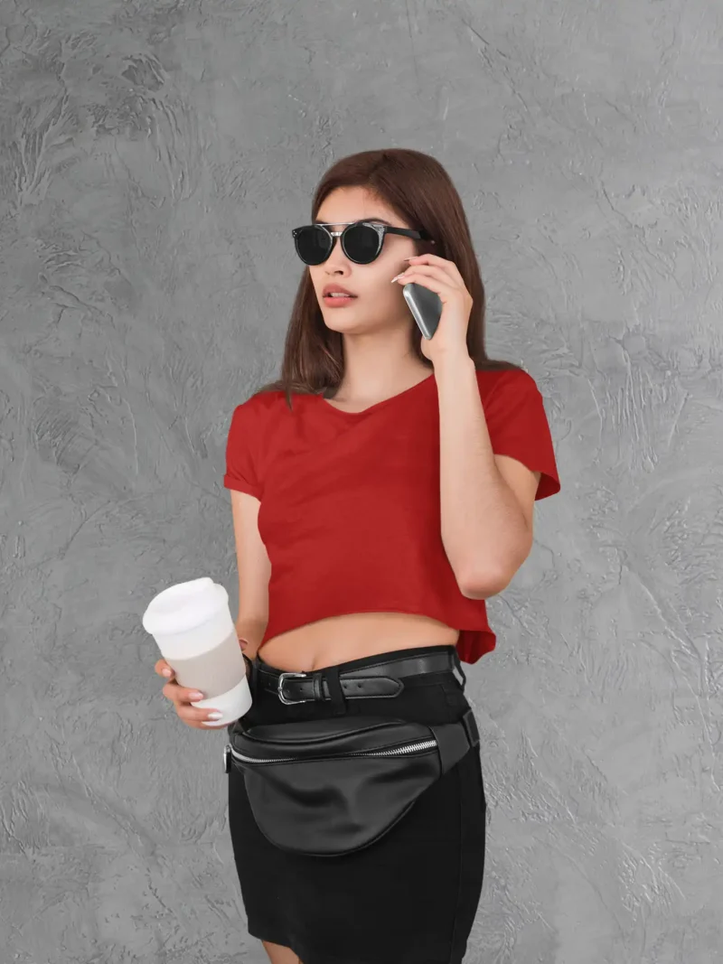 woman wearing M4S Solids Red Crop Top While Talking
