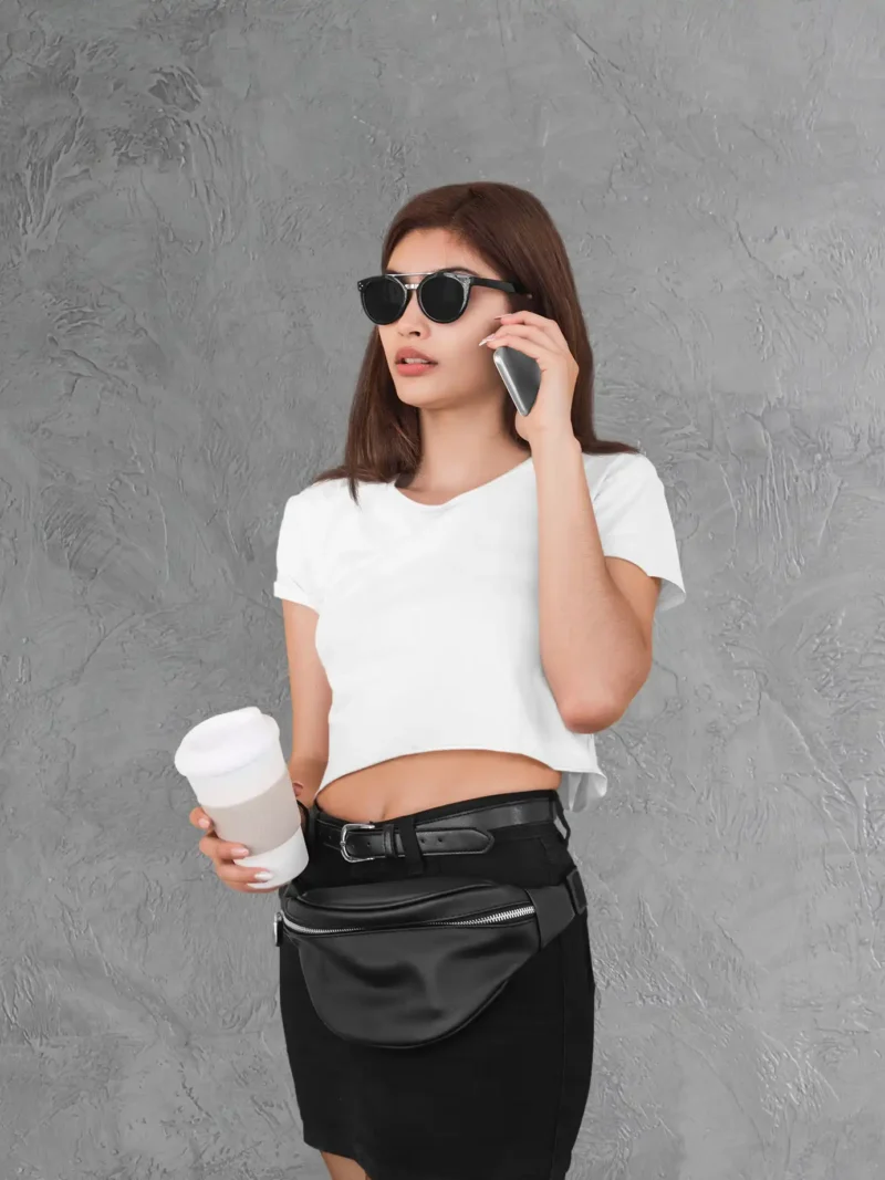woman wearing M4S Solids White Crop Top While Talking