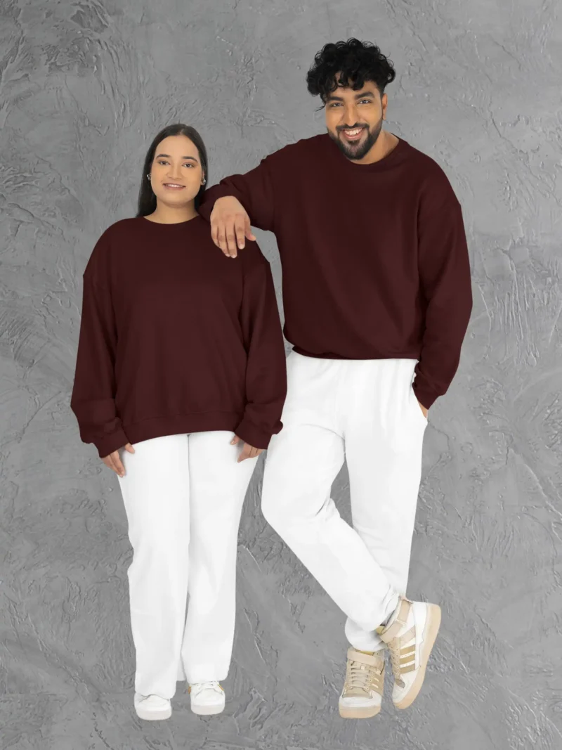 Couple wearing M4S Solids Maroon Unisex Oversized Sweatshirt
